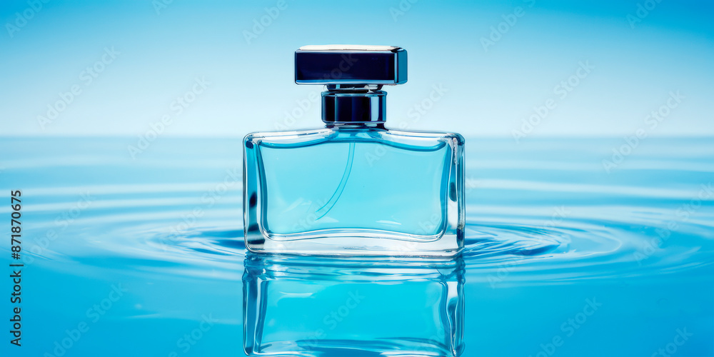 bottles of perfume, cologne, on a blue water surface, close up, copy space bottles of perfume, cologne, on a blue water surface, close up, copy space