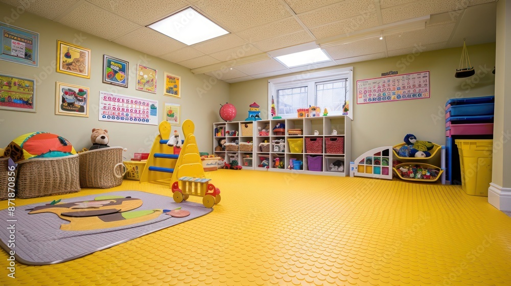 Obraz premium Bright canary yellow rubber tiles in a basement playroom, making the space cheerful and inviting for children
