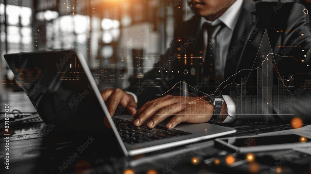 Businessman Working On Laptop With Financial Data Overlay Businessman Working On Laptop With Financial Data Overlay