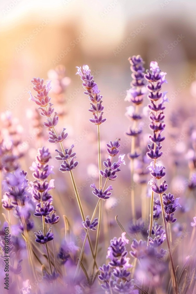Naklejka premium Lavender blooms swaying in a field, with a softly blurred background of a sunlit meadow.