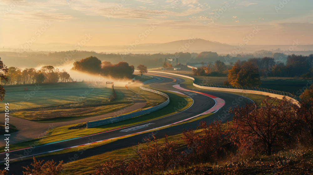 Obraz premium Hungary's main Formula 1 race course, Hungaroring, is situated in Mogyorod. The track looks particularly stunning in the soft lighting of an autumn morning.