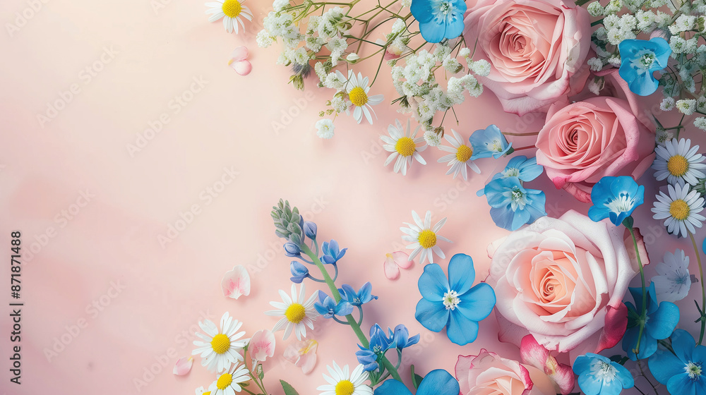 Greeting card for a birthday or Mother's Day. Birthday card with flowers, petals, daisies and roses. Copyspace for your own text. Greeting card for a birthday or Mother's Day. Birthday card with flowers, petals, daisies and roses. Copyspace for your own text.