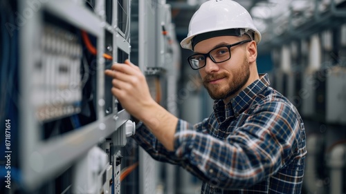 Confident Electrician Working on Electrical Panel in Industrial Facility