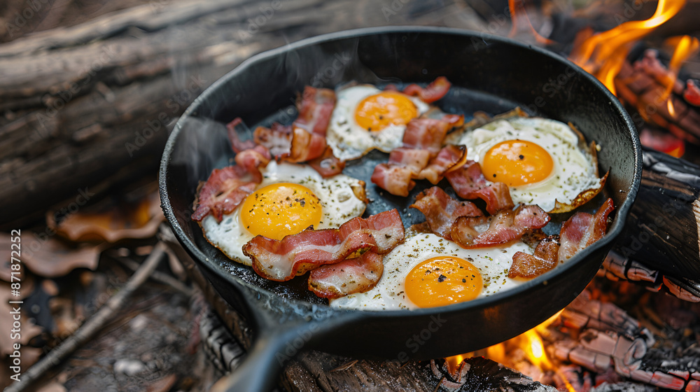 Camping breakfast with bacon and eggs ,generative ai Camping breakfast with bacon and eggs ,generative ai