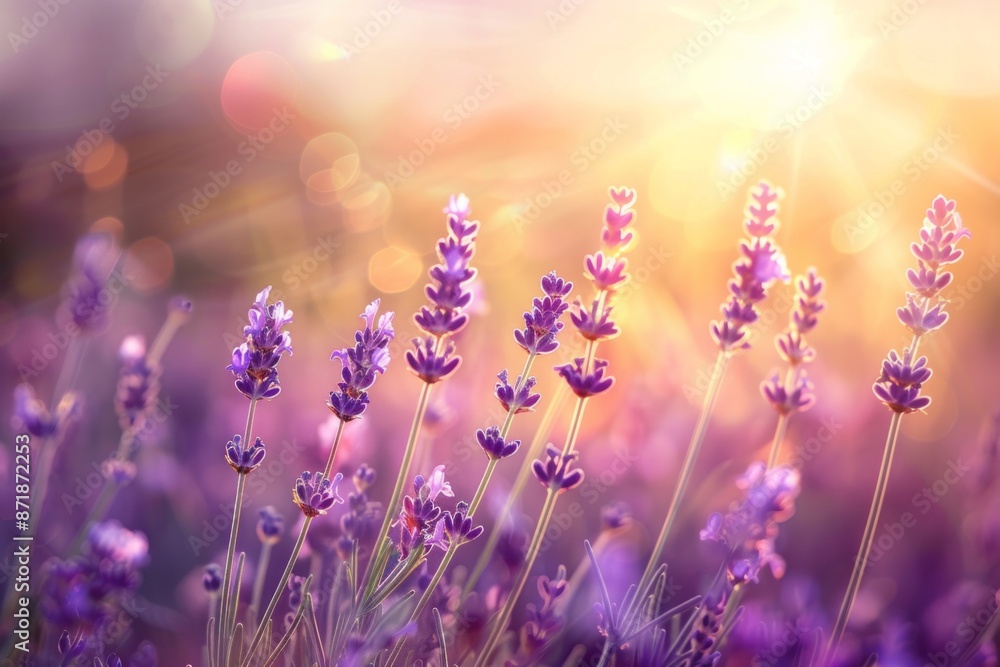 Obraz premium Lavender blooms swaying in a field, with a softly blurred background of a sunlit meadow.