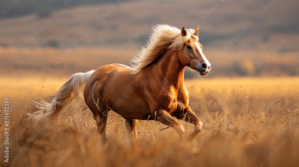 Obraz premium Golden Palomino Horse Running Through a Field of Tall Grass at Sunset