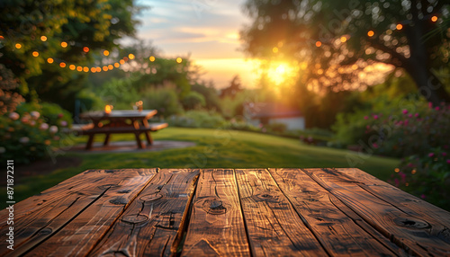 A close-up view of a rustic wooden picnic table, with the sun setting in the background. The table is positioned in a lush green backyard, with string lights strung up between trees.
