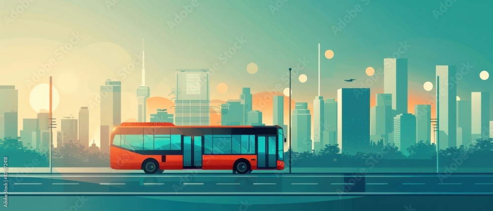 Illustration of a red city bus on a modern urban road with skyscrapers ...