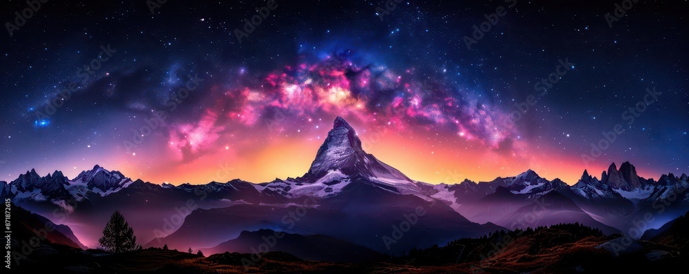 Obraz premium Starry night sky over majestic mountains, with the Milky Way arching across the horizon, perfect for illustrating the aweinspiring beauty of the cosmos and rugged landscape