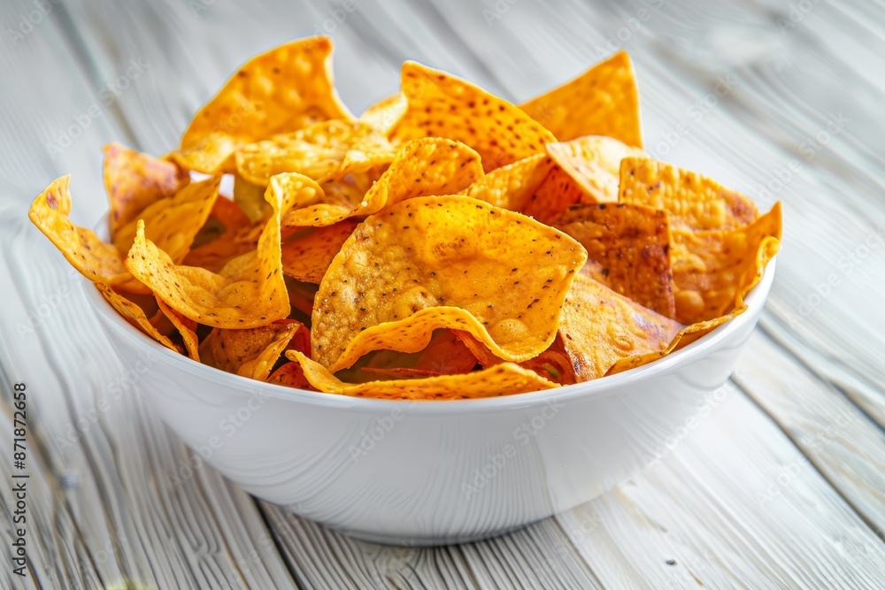 Bowl of veggie chips on white surface side close up Bowl of veggie chips on white surface side close up
