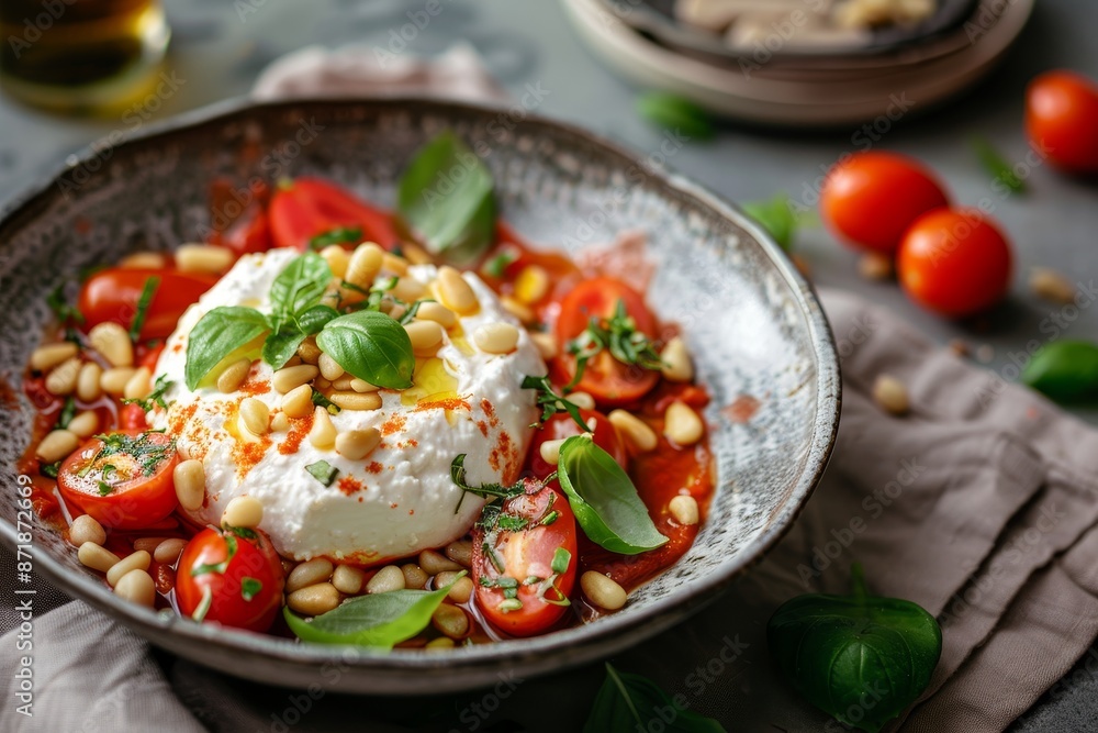 Bowl with buratta tomatoes and pine nuts in focus Bowl with buratta tomatoes and pine nuts in focus