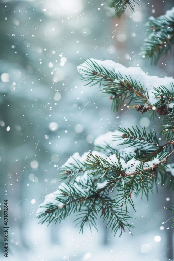 Pine branches heavy with snow, with a softly blurred background of a snowy forest. Pine branches heavy with snow, with a softly blurred background of a snowy forest.