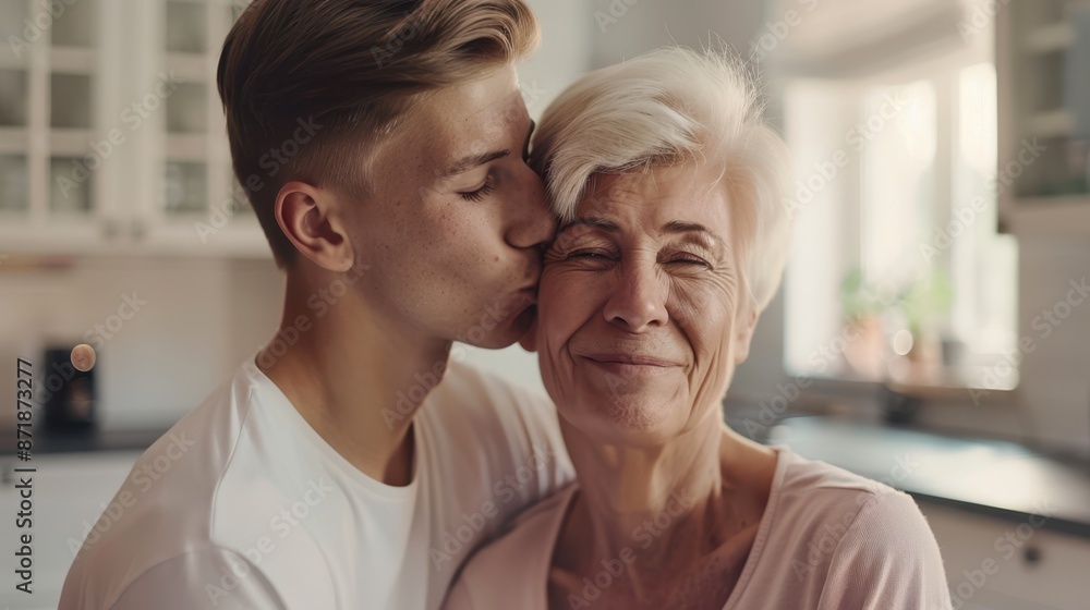The grandson kissing grandmother The grandson kissing grandmother