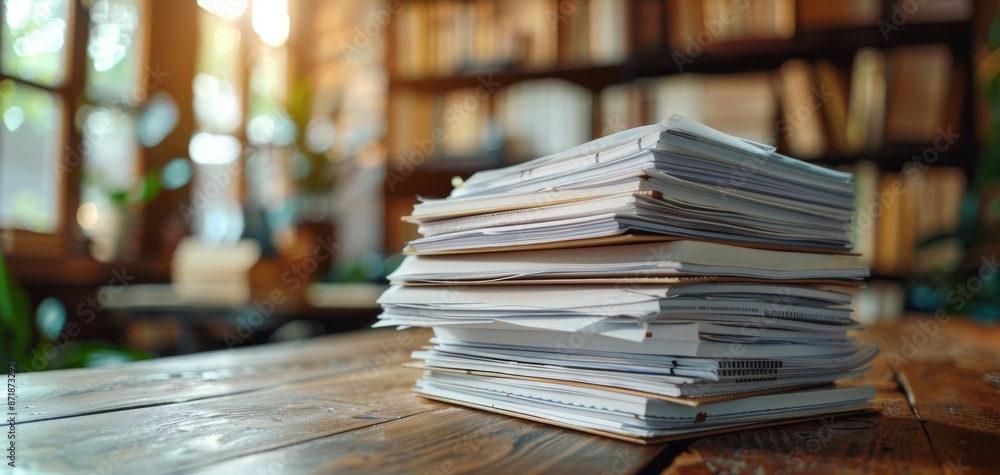 Stack of documents on a wooden desk in a cozy, well-lit library with bookshelves in the background, creating a warm, scholarly atmosphere. Stack of documents on a wooden desk in a cozy, well-lit library with bookshelves in the background, creating a warm, scholarly atmosphere.