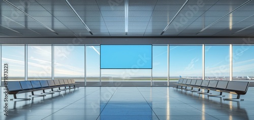 Modern airport terminal interior with empty seating, large windows, and a blank digital screen, showcasing a clean and minimalist design.