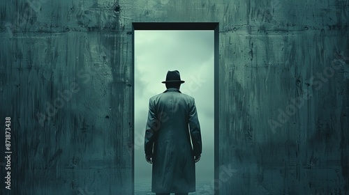 A man in a hat stands in front of a door