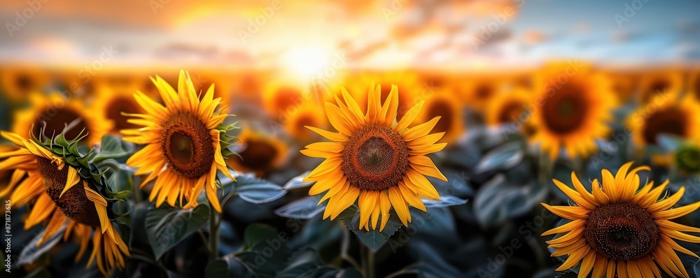 Obraz premium Vast field of sunflowers in full bloom, stretching towards the horizon under a bright blue sky, perfect for capturing the vibrant beauty and cheerfulness of nature