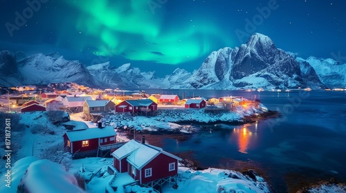 Scenic photo of winter fishing village with northern lights. stunning natural background. Picturesque Scenery of Reinefjord one most popular place of Lofoten islands. Norway. ideal resting place