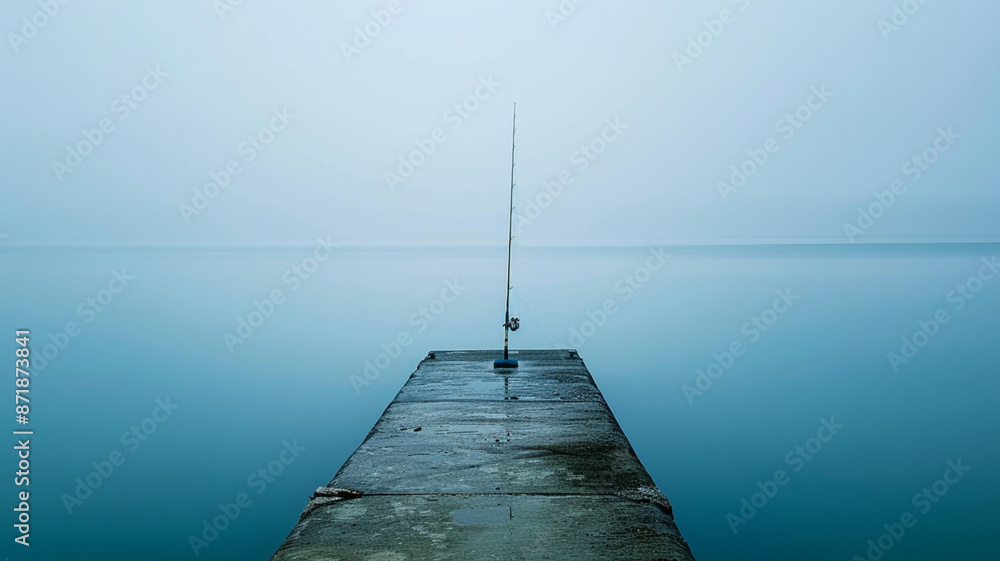 Obraz premium Showcase a solitary fishing rod standing upright on the edge of a peaceful pier 