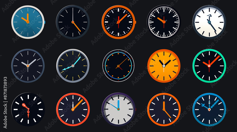 Clock Icon Set, Vector Illustration of Time and Clock Symbols, Analog Clock Icons, Horizontal Set with Circle Arrow Symbol, Time Symbol Collection, Vector Icons Illustrating Analog Clocks Clock Icon Set, Vector Illustration of Time and Clock Symbols, Analog Clock Icons, Horizontal Set with Circle Arrow Symbol, Time Symbol Collection, Vector Icons Illustrating Analog Clocks