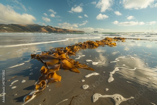 Bull kelp seaweed in San Francisco beaches in autumn California USA photo