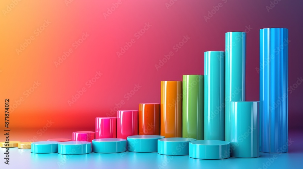 A colorful set of cylinders arranged in a line, with the tallest one being blue A colorful set of cylinders arranged in a line, with the tallest one being blue