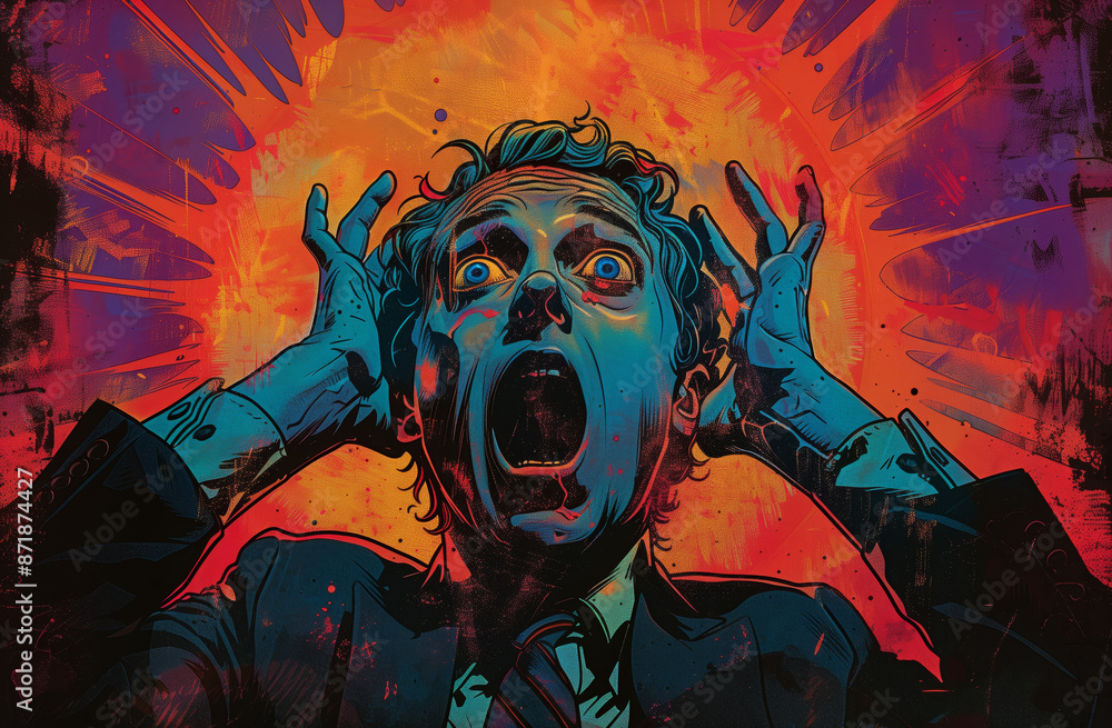 Digital Art Illustration of a Man Screaming in Terror With Red and Yellow Background. He appears to be surrounded by a vibrant red and yellow background that suggests chaos and danger. Digital Art Illustration of a Man Screaming in Terror With Red and Yellow Background. He appears to be surrounded by a vibrant red and yellow background that suggests chaos and danger.