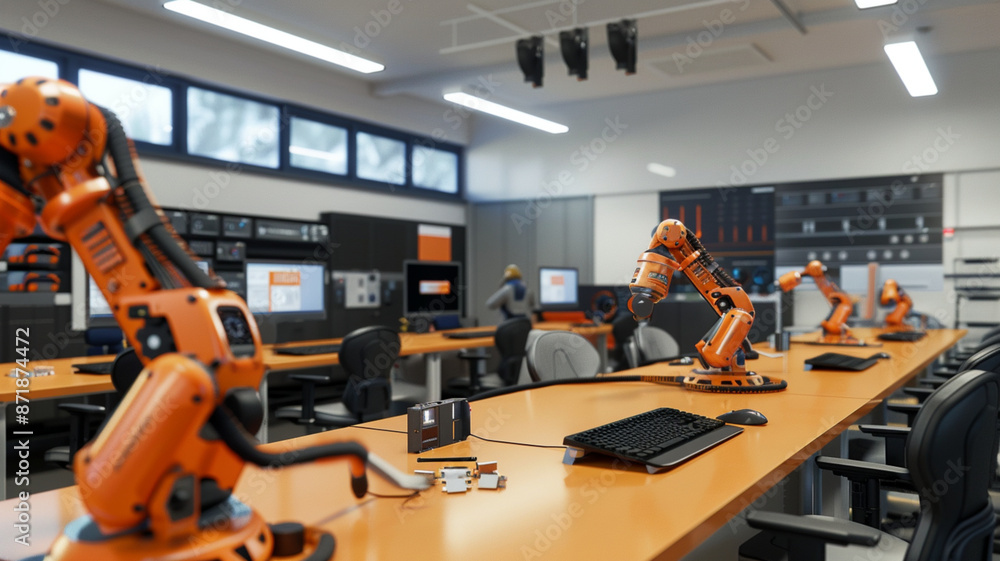 Showcase a tech lab with advanced robotics programming workstations Showcase a tech lab with advanced robotics programming workstations