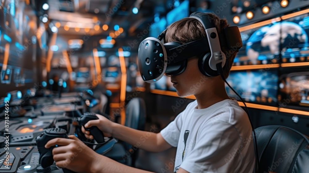 Young Boy Wearing VR Headset and Headphones Playing Video Game with Controller Young Boy Wearing VR Headset and Headphones Playing Video Game with Controller