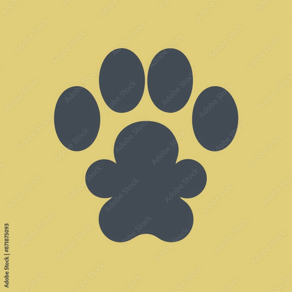 Dog paw print icon in dark gray color on yellow background, minimalistic pet design Dog paw print icon in dark gray color on yellow background, minimalistic pet design