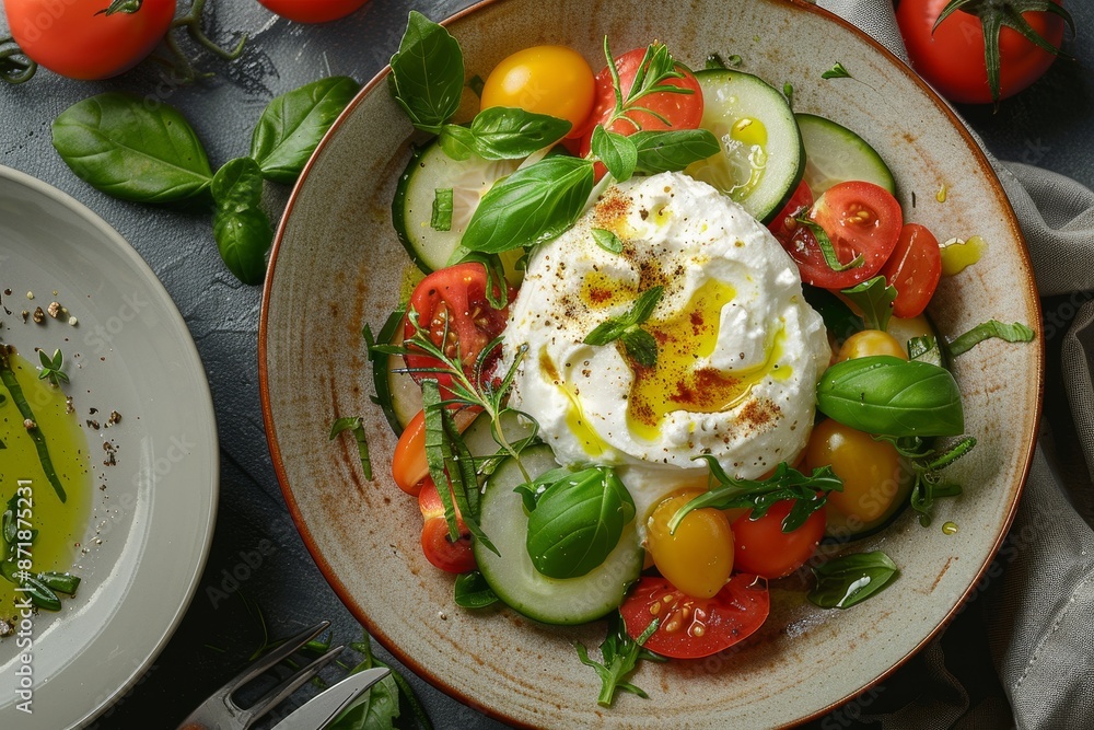 Burrata and vegetables in a bowl with sauce Burrata and vegetables in a bowl with sauce
