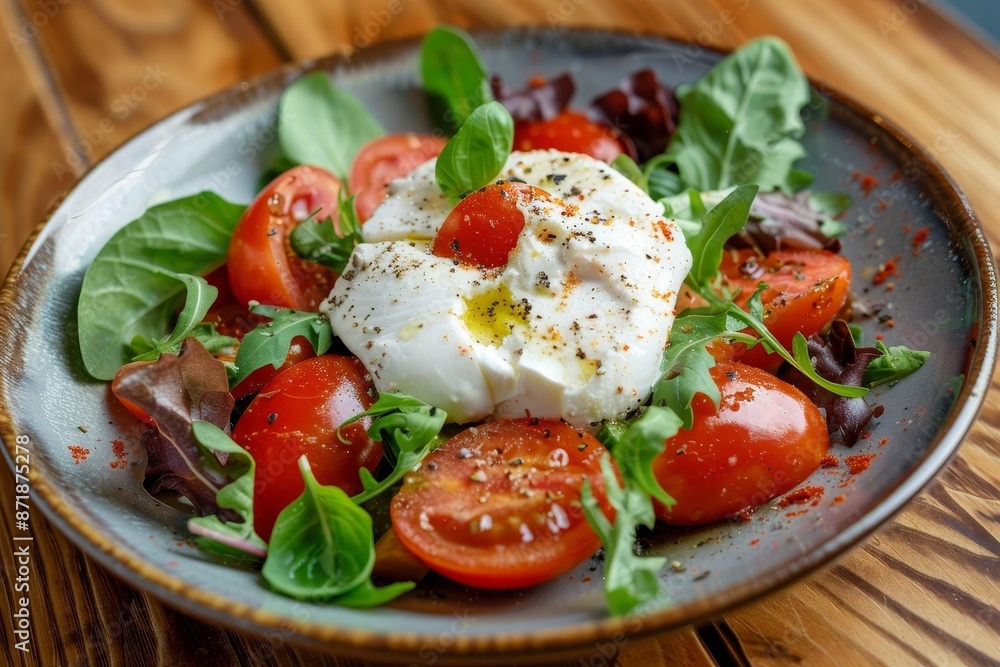 Burrata cheese salad on wood table Burrata cheese salad on wood table