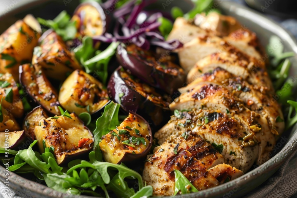 Cajun chicken recipe with roasted eggplant and lettuce sprouts Cajun chicken recipe with roasted eggplant and lettuce sprouts