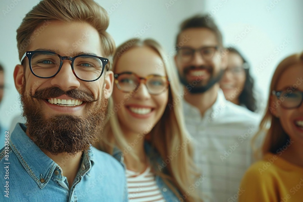 Stylishly dressed group of people wearing glasses share a laugh, with a bearded man in the mix, set against a light background with a blurry foreground. Stylishly dressed group of people wearing glasses share a laugh, with a bearded man in the mix, set against a light background with a blurry foreground.