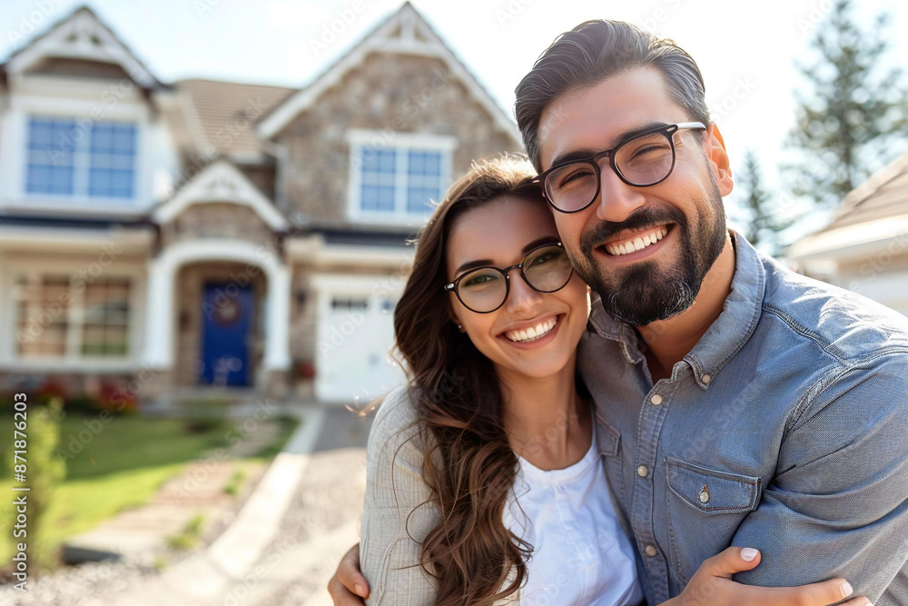 New Title: Joyful young couple in stylish attire, wearing glasses, laughing in front of their newly purchased home, featuring a well-dressed bearded husband and clean white backdrop.