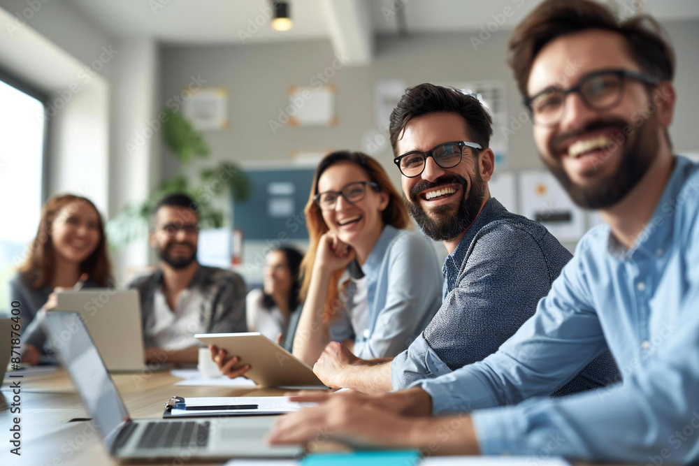 Casually dressed business team with eyeglasses laughing during meeting, discussing new plan with laptop and digital tablet on office table, background in light gray tones with bearded man. Casually dressed business team with eyeglasses laughing during meeting, discussing new plan with laptop and digital tablet on office table, background in light gray tones with bearded man.