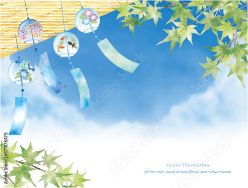 夏の爽やかな風鈴とすだれの暑中見舞いイラスト