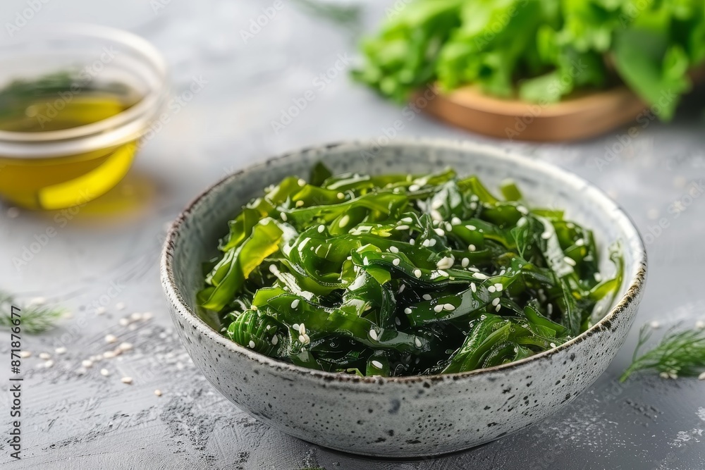 Closeup of delicious seaweed salad in gray bowl on table Closeup of delicious seaweed salad in gray bowl on table
