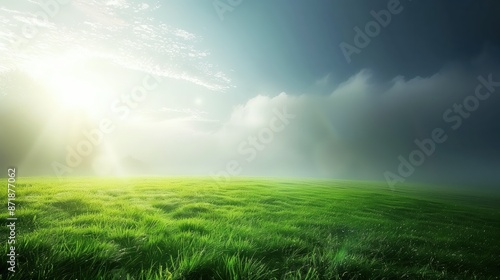 Serene sunrise over a lush green field with a dramatic cloudy sky, perfect for nature and landscape themes. © Suphot