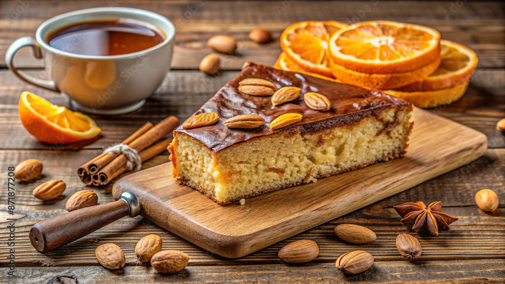 Cake on the plate and hot coffee in the cup on the wooden tabel, close up Cake on the plate and hot coffee in the cup on the wooden tabel, close up