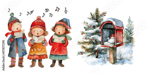a group of children singing Christmas holiday carol songs and a christmas tree with santa mailbox watercolor vectors
