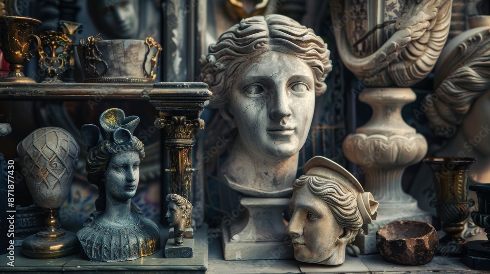 Fototapeta premium Antique sculptures and artifacts in a vintage collection