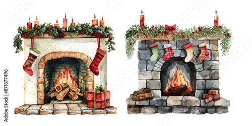 Water color Fire place with Christmas Decoration on isolated white background