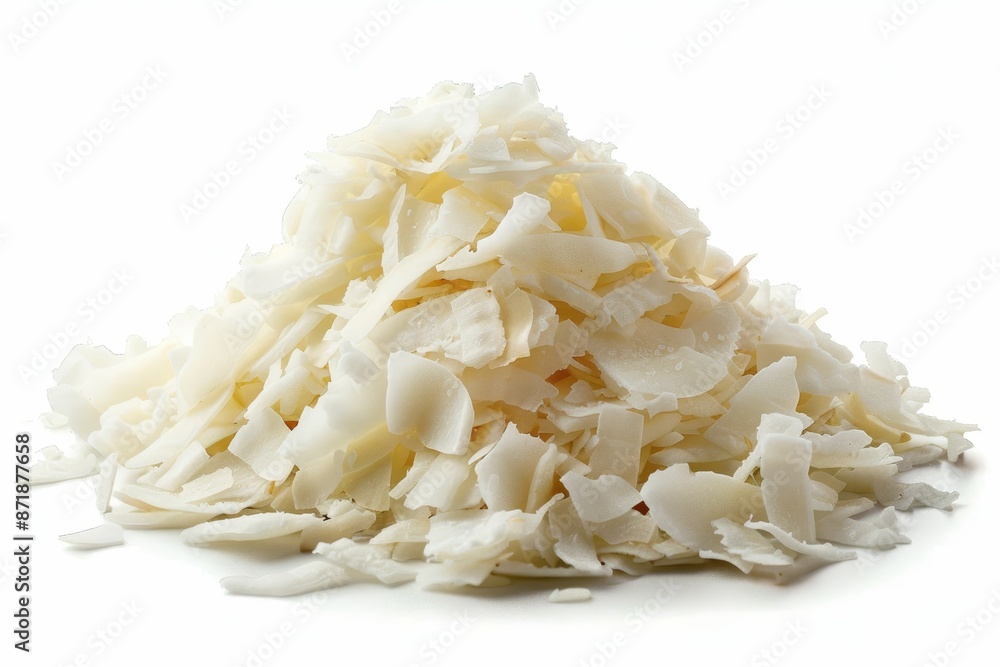Coconut chips stacked on white background Coconut chips stacked on white background