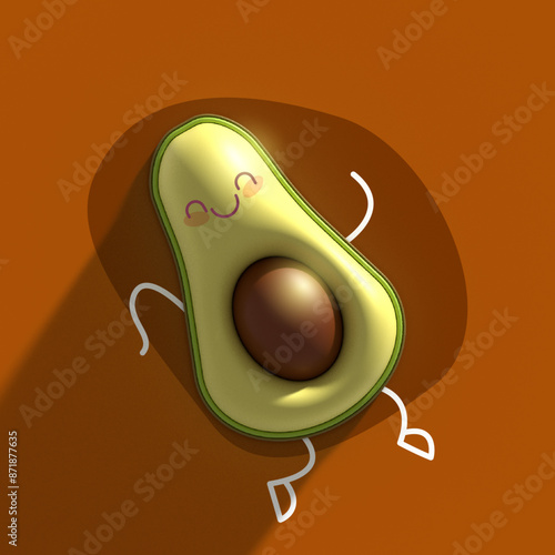 
3D three-dimensional avocado on a brown background, cheerful fruit, smiling cartoon vegetable, healthy food