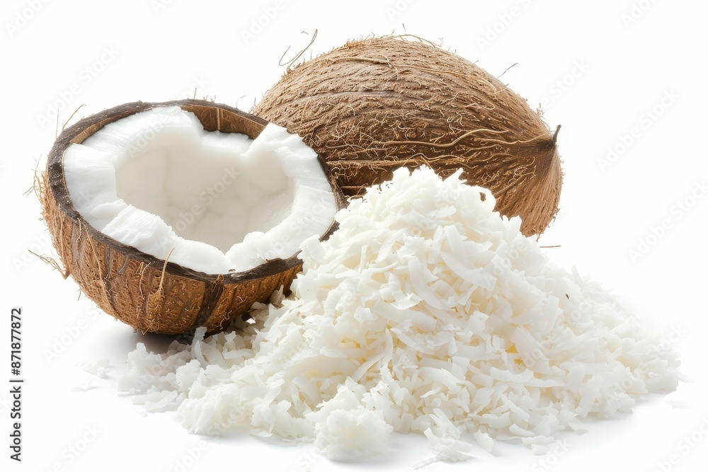 Fototapeta premium Coconut half and shredded coconut on white background