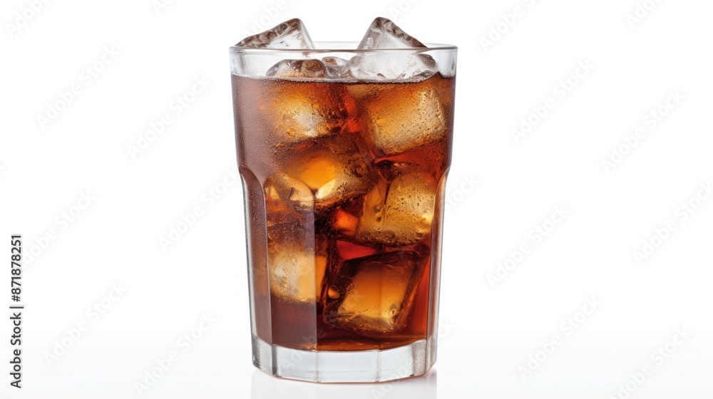 A tall glass filled with ice-cold cola for a refreshing summer beverage A tall glass filled with ice-cold cola for a refreshing summer beverage