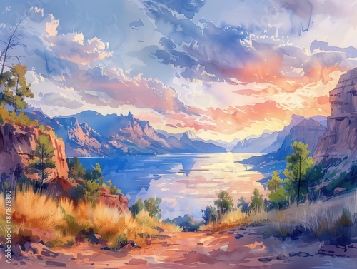 Watercolor painting of a serene lake at sunset, surrounded by mountains and a vibrant sky with orange, pink, and blue clouds, scenic landscape art