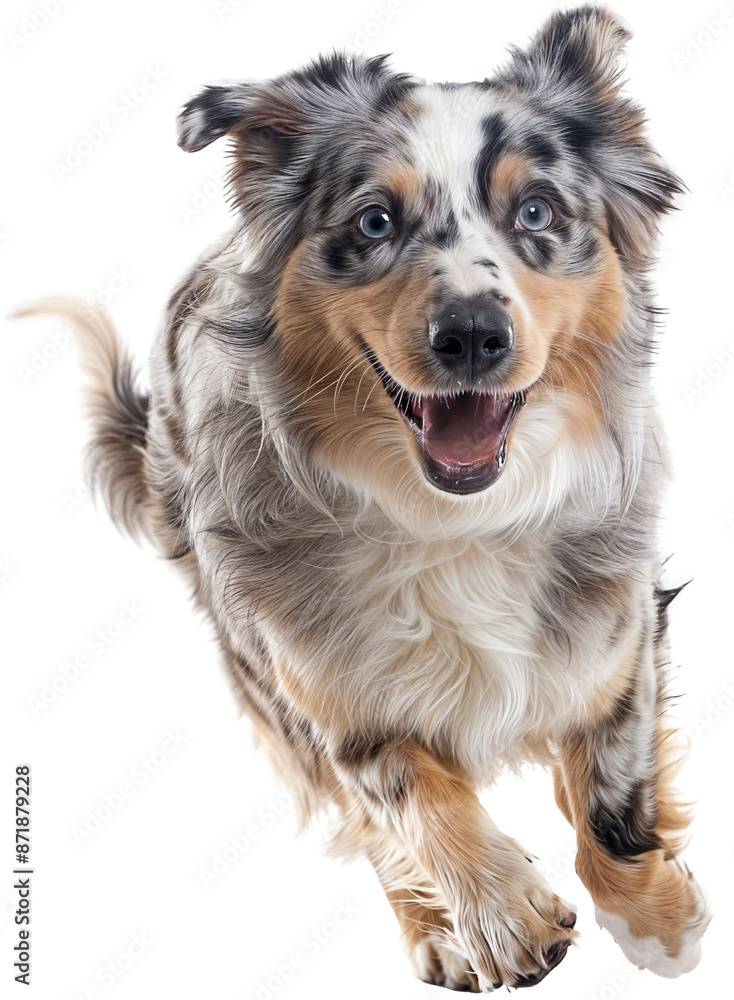 Excited Australian Shepherd Dog Running with Joyful Expression and Multicolored Fur on Transparent Background - Ideal for Pet and Animal Themed Projects Excited Australian Shepherd Dog Running with Joyful Expression and Multicolored Fur on Transparent Background - Ideal for Pet and Animal Themed Projects