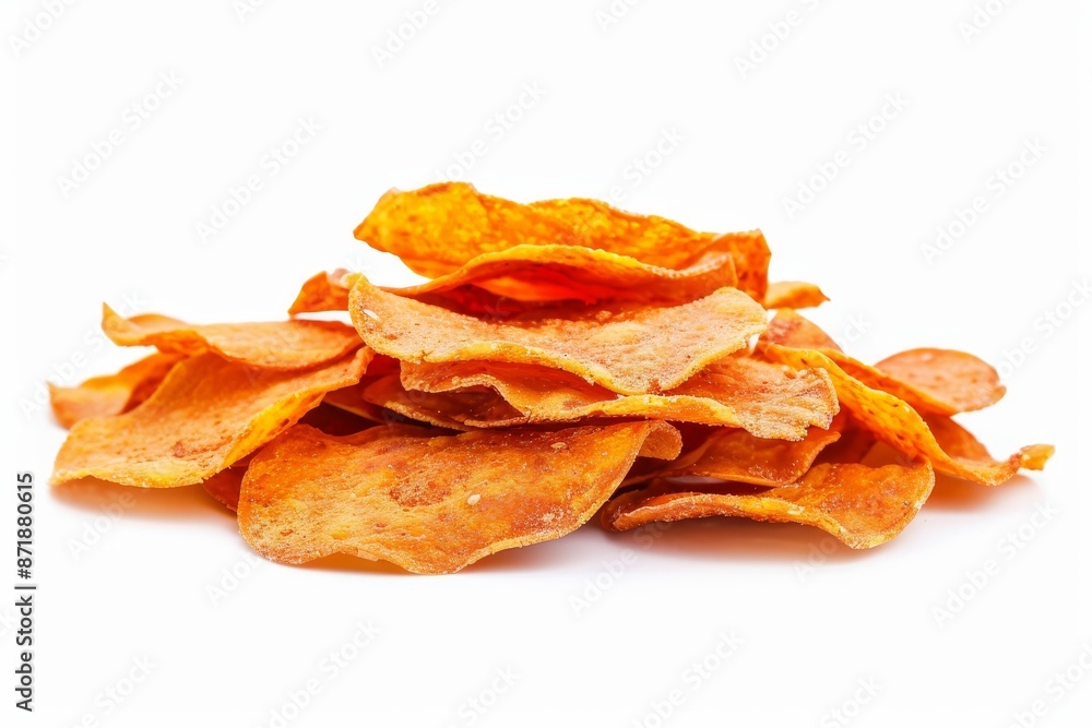 Crunchy lentil chips healthy orange snack from organic Masoor beans on white background Crunchy lentil chips healthy orange snack from organic Masoor beans on white background